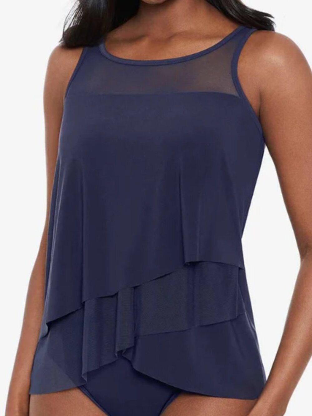 MiracleSuit Mirage navy blue tankini top underwire tiered mesh size 16 CURRENT - Picture 2 of 9